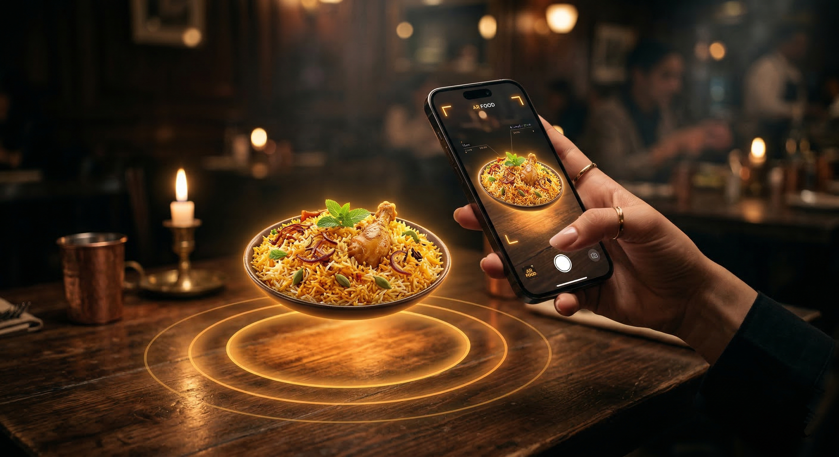 Chicken biryani appearing in augmented reality on a restaurant table